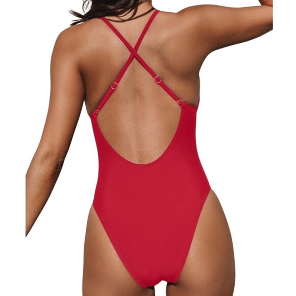 Cupshe Womens One-Piece Swimsuit XL Red Plunge Neckline V-Wire Cross-back Strap - Picture 3 of 10
